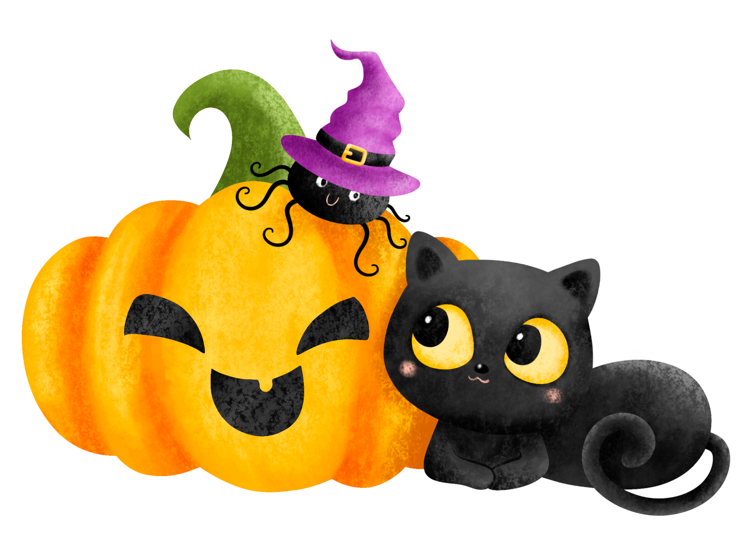 Pumpkin with a spider in a witches hat on top and a cat cuddling up against it